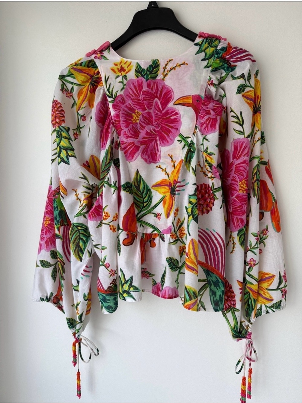 FARM Rio White Floral Boho Tie-Front Ruffle Blouse - Picture 3 of 12